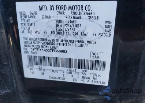 2007 Ford F-150 Fx4/Lariat/Xl/Xlt из США, поврежденный, VIN 1FTPX14537FB56983